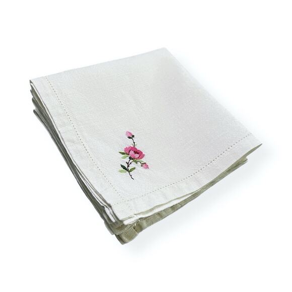 Delicate Linen Napkins Vintage Set 4 Embroidered Corner Flower Pink Green 11x11 - Picture 8 of 9